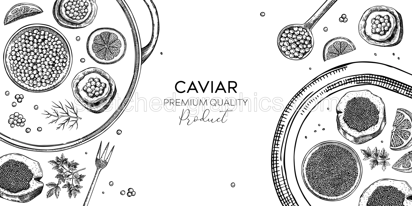 Seafood platter in engraved style. Red caviar canape, black caviar tin, lemons sketches. Sea delicacy background for restaurant menu or finger food party. Hand drawn canned fish banner design Illustration